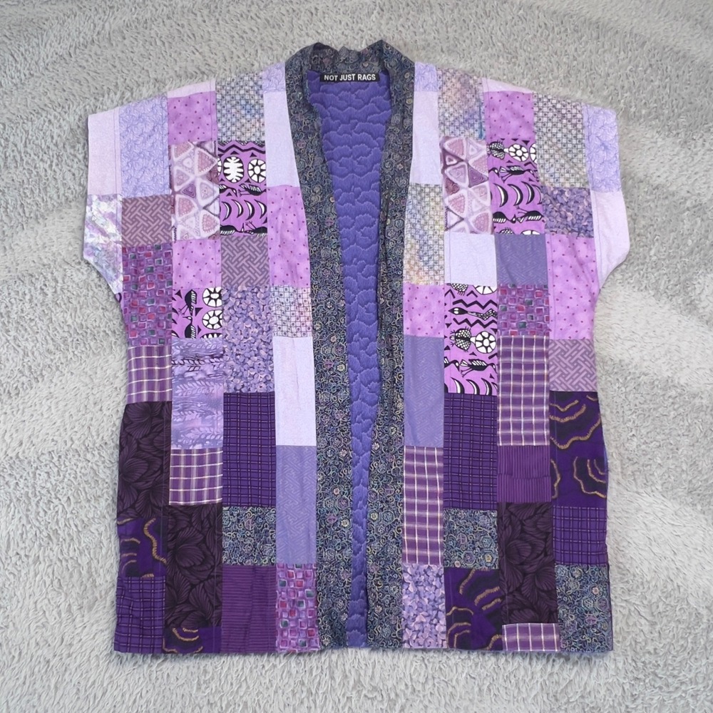 Handmade Quilted Patchwork Kimono Jacket Purple Cotton Artisan Boho Size M/L‎